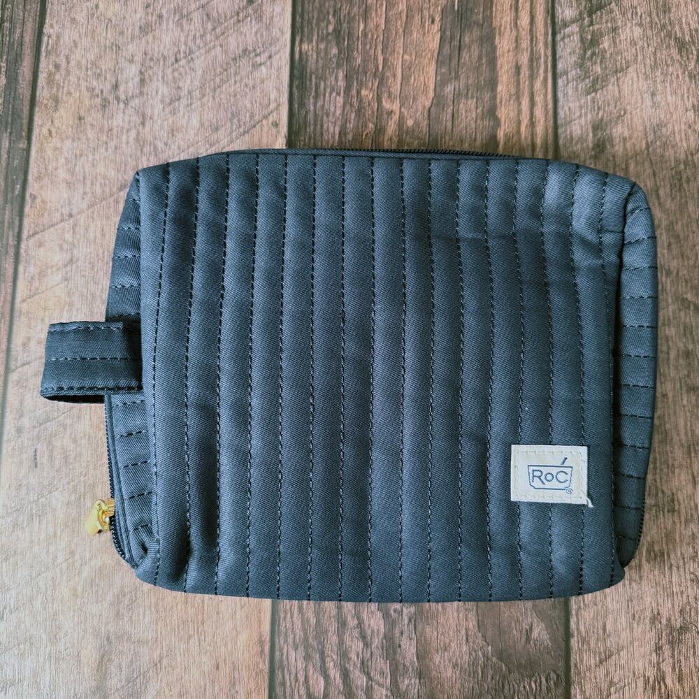 ROC Skincare Zipper Makeup Bag Dark Blue Quilted Fabric Cosmetic Pouch